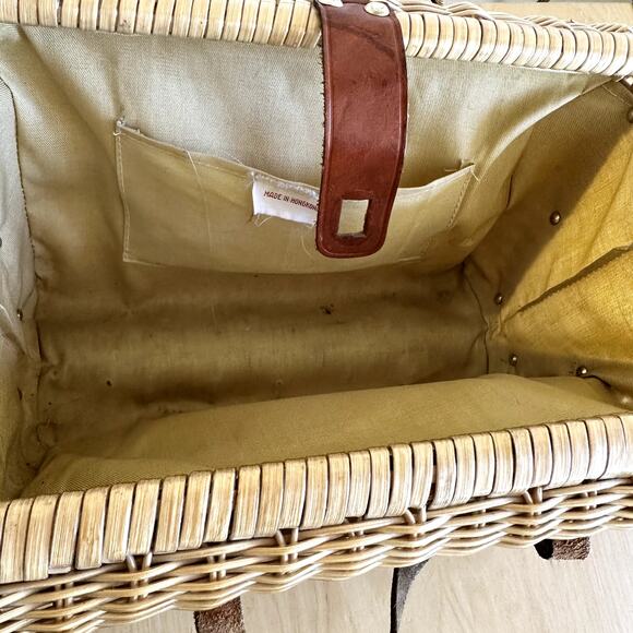 VTG Rattan Basket Square Handbag 80s Sturdy Eco Friendly Leather Strap Cream - Picture 5 of 8